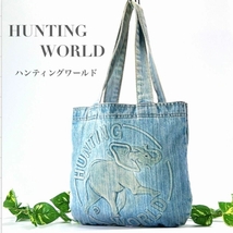 HUNTING WORLD ハンティングワールド トートバッグ ハンドバッグ 肩がけ デニム 象 ロゴ ブルー 水色 ブランド 通学 A4収納可 レディース_画像1