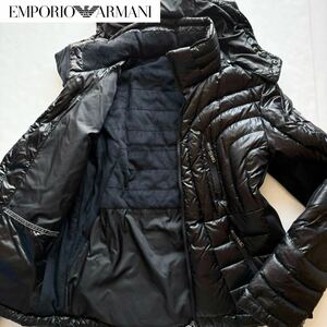 【極美品・Lサイズ】エンポリオ アルマーニ ARMANI ダウンジャケット 2way ブルゾン フード着脱可 ブラック 黒 ダブルジップ EA7 紳士服