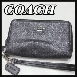 ☆COACH☆ コーチ フォンウォレット 折り財布 財布 ウォレット ブラック 黒 グリッター ダブルジップ ストラップ レディース 送料無料