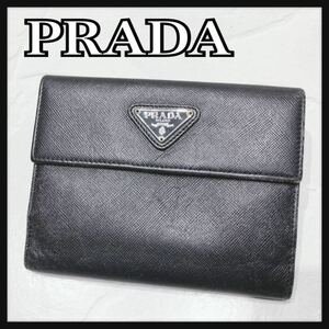 ☆PRADA☆ プラダ 折り財布 財布 ウォレット ブラック 黒 レザー 本革 サフィアーノ 三角プレート シンプル レディース 女性 送料無料