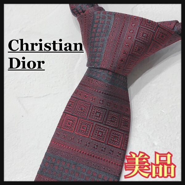 ☆美品☆ ChristianDior クリスチャンディオール ネクタイ レッド シルク 総柄 メンズ 男性 紳士 仕事 スーツ フォーマル 送料無料