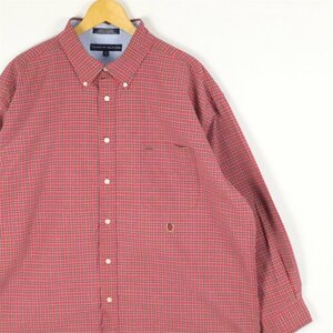 古着 大きいサイズ トミーヒルフィガー 長袖ボタンダウンシャツ メンズUS-2XLサイズ チェック柄 赤 レッド系 tn-2143n