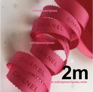 CHANEL◆シャネルリボン 2m フューシャピンク 赤ロゴ入り ネオンピンク ホットピンク 限定リボン レッド ラッピングリボン 縁取り 赤ロゴ