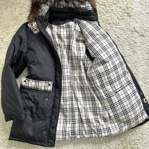 稀少Lサイズ!! バーバリーブラックレーベル BURBERRY BLACK LABEL ダウンジャケット コート ノバチェック シルバーフォックス ホース 黒