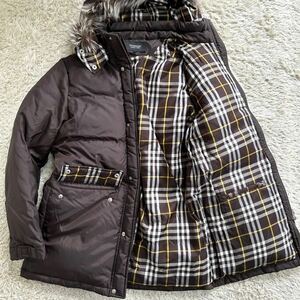 稀少Lサイズ!! バーバリーブラックレーベル BURBERRY BLACK LABEL ホワイトグース ダウンジャケット コート ノバチェック ファー ブラウン