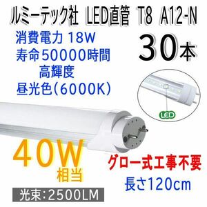 送料300円(税込)■je001■ルミーテック社 LED直管蛍光灯 T8 40W形 昼光色 A12-N 30本【シンオク】