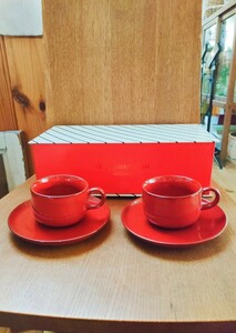 ★ 未使用品 メリタ Melitta ceracron セラクロン ドイツ製 カップ＆ソーサー 2客セット コーヒーカップ ティーカップ 赤 食器 茶器 ペア 