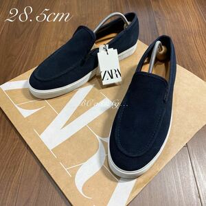 新品 ZARA 本革 パンチングレザースリッポン 28.5cm 44 SUEDE NAVY メンズ ザラ レザー スニーカー シューズ スリッポン タグ付き 