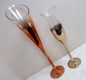 (☆BM)グラス型 大花瓶 ガラス 高さ80㎝/60㎝ 2点セット フラワーベース 置物 オブジェ 東京インテリア コーラルレッド/シャンパンゴールド