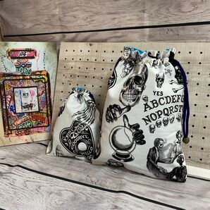 VV巾着袋 2点 ハンドメイド ループエンド スカル ドクロ ハート この柄は一点物!