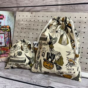 AA巾着袋 2点 ハンドメイド ドクロ ハロウィン ループエンド付き 裏地付き巾着袋