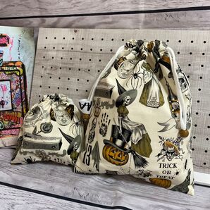 AA巾着袋　２点　ハンドメイド　ドクロ　ハロウィン　ループエンド付き　裏地付き巾着袋　