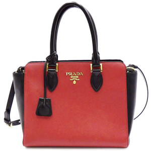 美品 プラダ バッグ PRADA サフィアーノxソフトカーフ 2WAY ハンドバッグ ショルダー レッドxブラック 1BA113 T-YJP06134