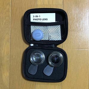 美品 スマホ用レンズ 3in1 3種セット クリップ式 ワイド マクロ 魚眼 収納ケース付