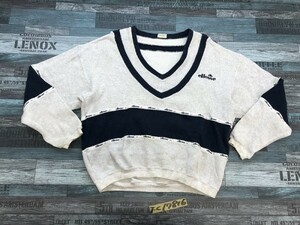 ellesse エレッセ メンズ ロゴ刺繍 Vネック ニットコットンカットソー M 紺