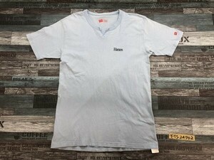 Hanes ヘインズ メンズ 綿 スリットネック ロゴ刺繍 半袖Tシャツ L 水色