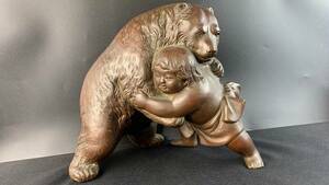 【結】銅製 銅器 金太郎 熊 銅像 ブロンズ像 オブジェ 床飾り 骨董品 古美術 アンティーク