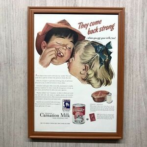 ◆即決◆1942年(昭和17年) Carnation Milk カーネーションミルク 練乳缶【B4-7228】アメリカビンテージ雑誌広告【B4額装品】当時物★同梱可