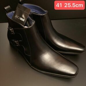 MM/ONE ダブルモンクデザイン プレーントゥ ドレスブーツ ビジネス メンズ 合皮 ブラック ブーツ シューズ 黒