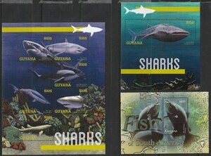 ガイアナ４８　1996年～2003年（未使用小型シート　魚　さめ　イソギンチャク他　５セット）７種