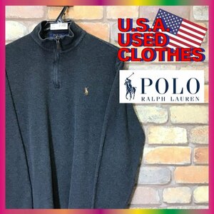 ME6-798★USA買付商品★正規品【POLO RALPH LAUREN ポロラルフローレン】刺繍ロゴ ハーフジップ スウェット【メンズ S】濃グレー USA古着