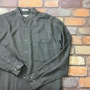 SD8-854★90's ビンテージ★USA古着★【pierre cardin ピエールカルダン】総柄 バンドカラー 長袖シャツ【メンズ M】ブラック カーキ系