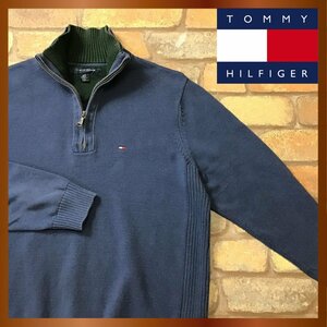 ME8-728★USA買付品&正規★【TOMMY HILFIGER トミーヒルフィガー】刺繍ロゴ ハーフジップ セーター【メンズ L】群青色 コットンニット