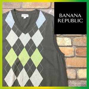 ME8-866★USA古着★美品★【BANANA REPUBLIC バナリパ】アーガイルチェック柄 Vネック コットンニット ベスト【メンズ L】オリーブ ゴルフ