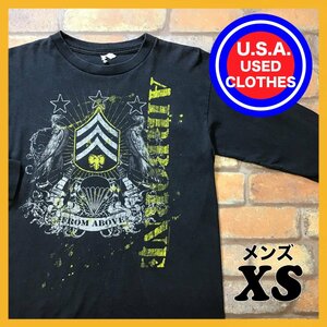 ME5-823★USA直輸入!!★雰囲気抜群◎US ARMY【AIRBORNE FROM ABOVE】階級章・パラシュート 長袖 Tシャツ【メンズ XS】黒 ミリタリー ロンT