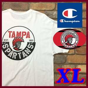 ME10-945★USA直輸入★状態良好★【Champion チャンピオン】Tampa Spartans 両面プリント 半袖 カレッジ Tシャツ【メンズ XL】古着 白