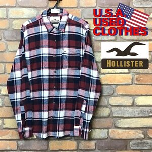 ME8-905★USA買付商品★美品【HOLLISTER ホリスター】長袖 コットンネルシャツ【メンズ L】エンジ ネイビー アメカジ