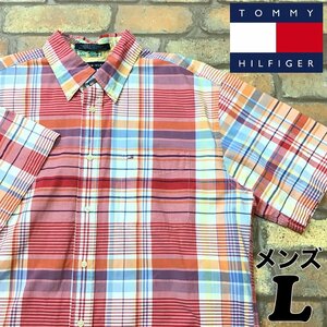 ME2-307◆USA直輸入◆好配色◆【TOMMY HILFIGER トミーヒルフィガー】片ポケット チェック 半袖 コットンBDシャツ【メンズ L】赤系 古着