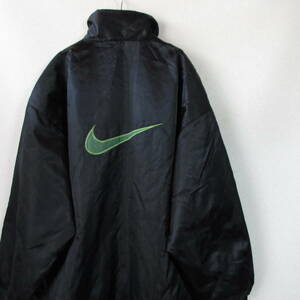 ○良品 90s NIKE ナイキ◆デカロゴ デカスウォッシュ ベンチコート コート アウター 中綿 90年代◆メンズ ブラック 105 Lサイズ