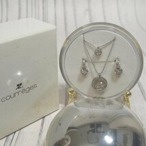 f002 Z1 未使用 クレージュ courreges 2連ネックレス & ピアス セット ハートモチーフ ラインストーン シルバーカラー ケース入り_画像1