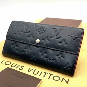 LOUIS VUITTON 美品 ヴェルニ ポルトフォイユ サラ 長財布 フラップ マット ブラック レッド 男女兼用 ヴィトン ビトン