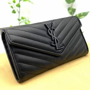 美品 サンローラン キャビアスキン Vステッチ 財布 YSL Yves Saint Laurent フラップ ロゴ 