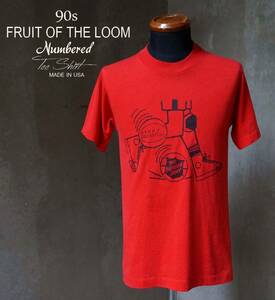 90s USA製 黒タグ フルーツオブザルーム FRUIT OF THE LOOM 赤 レッド 綿ポリ BIDDY BASKETBALL ナンバリング Tシャツ S