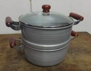 ◆ろ-110　鍋 中古良品　アルミ　蒸し鍋　ガラスふた　両手鍋　高さ27㎝　取手含む幅37㎝　重さ1.95㎏　調理器具