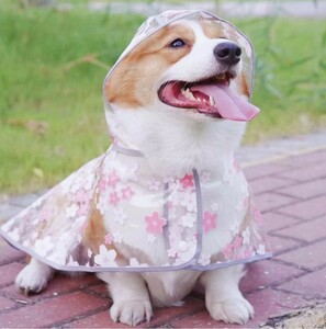 【送無】MIIAOEE ミャウイー 犬用カッパレインコート帽子付き ポンチョ 人ピンクの花 Lサイズ y1101-1