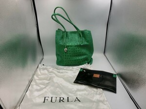 G【MK3-65】【100サイズ】FURLA/フルラ/トートバッグ/内側ポーチ付/グリーン/※汚れあり