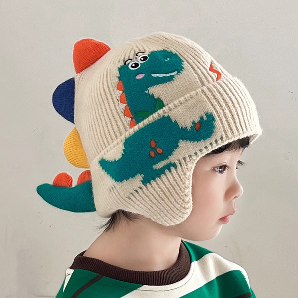 ベビー帽子 秋冬子供ニット帽 子供耳保護帽子 かわいい恐竜帽子