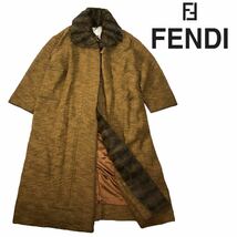 g13 未使用 定価106万円 FENDI フェンディ シマリス ファー 切替 ロングコート ジャケット アウター wool ツイード 42 正規品 ヴィンテージ_画像1