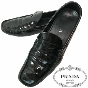 g79 PRADA プラダ エナメル ローファー パテントレザー ブラック 黒 革靴 フラットシューズ 38.5 イタリア製 正規品 ドライビングシューズ