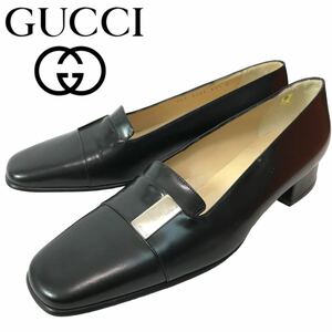 g101 未使用 GUCCI グッチ レザー パンプス ロゴプレート フォーマル ビジネスシューズ 革靴 ブラック 37.5 ローファー 正規品 イタリア製