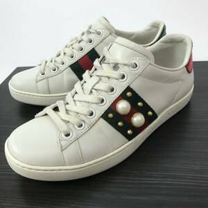 g112 GUCCI グッチ ACE エース シェリーライン パール スタッズ スニーカー ローカット シューズ レザー 34 イタリア製 正規品438216