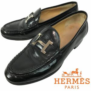 g167 HERMES エルメス コンスタンス レザー ローファー 革靴 エナメル シューズ 黒 シルバー Hマーク パンプス 35.5 イタリア製 正規品