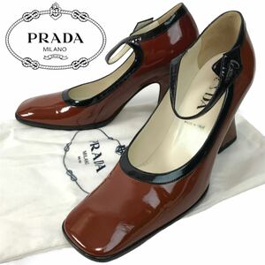 g223 PRADA プラダ エナメルパンプス パテントレザー ローファー 37 イタリア製 ブラウン ブラック スクエアトゥ 正規品 ハイヒール