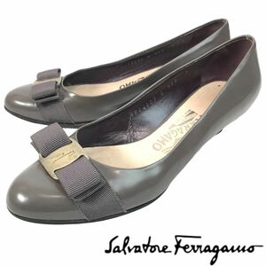 g247 Salvatore Ferragamo サルヴァトーレフェラガモ ヴァラリボン パンプス グレー レザー ローヒール ローファー 5 イタリア製 正規品