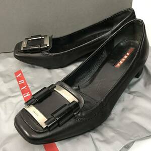 g366 PRADA プラダ スポーツ レザー パンプス ローファー 黒 ブラック ローヒール シューズ 革靴 イタリア製 36 正規品 ビジネス 