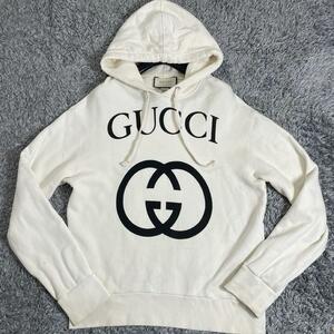 現行◆美品 グッチ GUCCI パーカー プルオーバー インターロッキング メンズ レディース 白 ホワイト　S〜M ロゴ 裏ボア フード 国内正規品